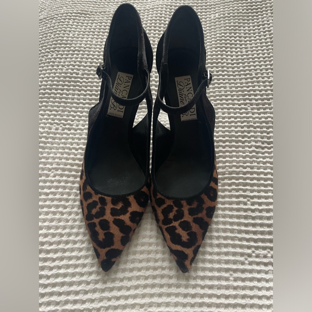 Pancaldi for Diana B., Horsehair Leopard Print Heels with velvet ankle strap.